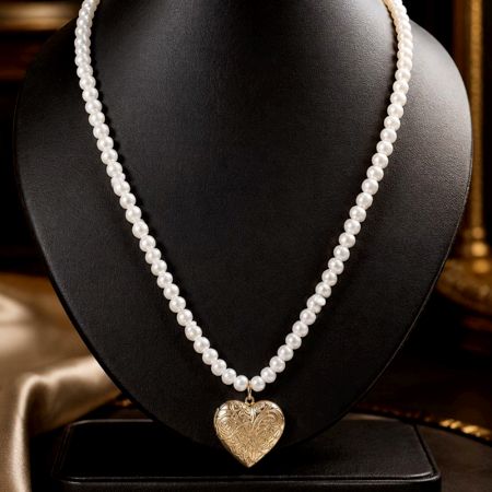 Handcrafted White Pearl Brass Heart Locket Necklace